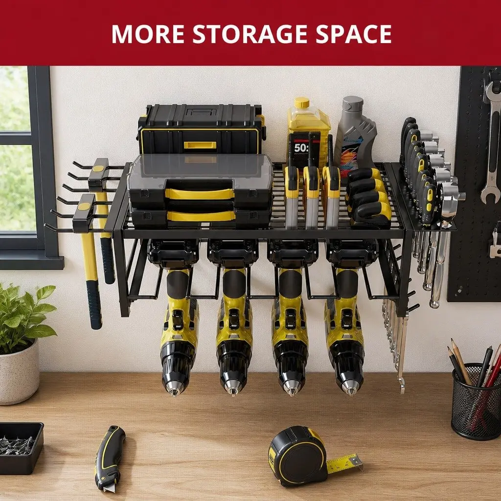 2-Tier Wall Mount Power Tool Rack Organizer Heavy-Duty Steel 25 x 15 x 60 cm