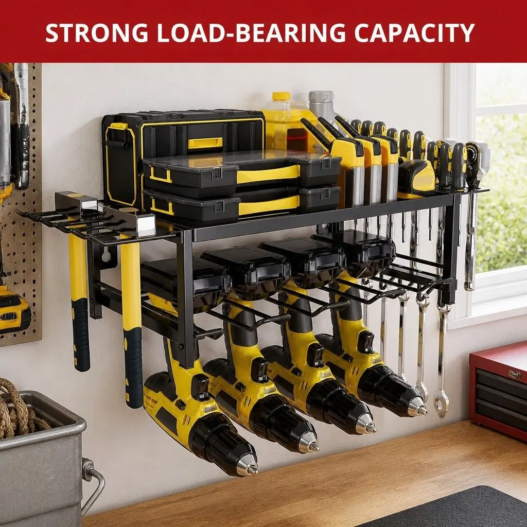 2-Tier Wall Mount Power Tool Rack Organizer Heavy-Duty Steel 25 x 15 x 60 cm