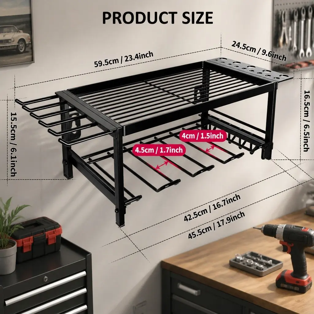 2-Tier Wall Mount Power Tool Rack Organizer Heavy-Duty Steel 25 x 15 x 60 cm