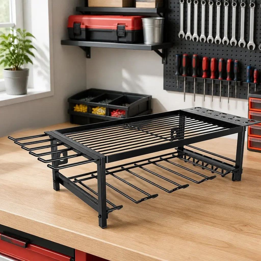 2-Tier Wall Mount Power Tool Rack Organizer Heavy-Duty Steel 25 x 15 x 60 cm