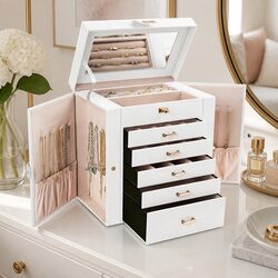 Jewelry Box Large 6-Layer Women Organizer with Mirror Lock Necklace Hooks
