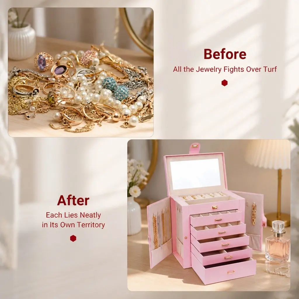 Jewelry Box Large 6-Layer with Drawers Mirror Lock Necklace Hooks Side