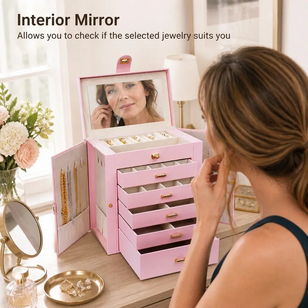 Jewelry Box Large 6-Layer with Drawers Mirror Lock Necklace Hooks Side