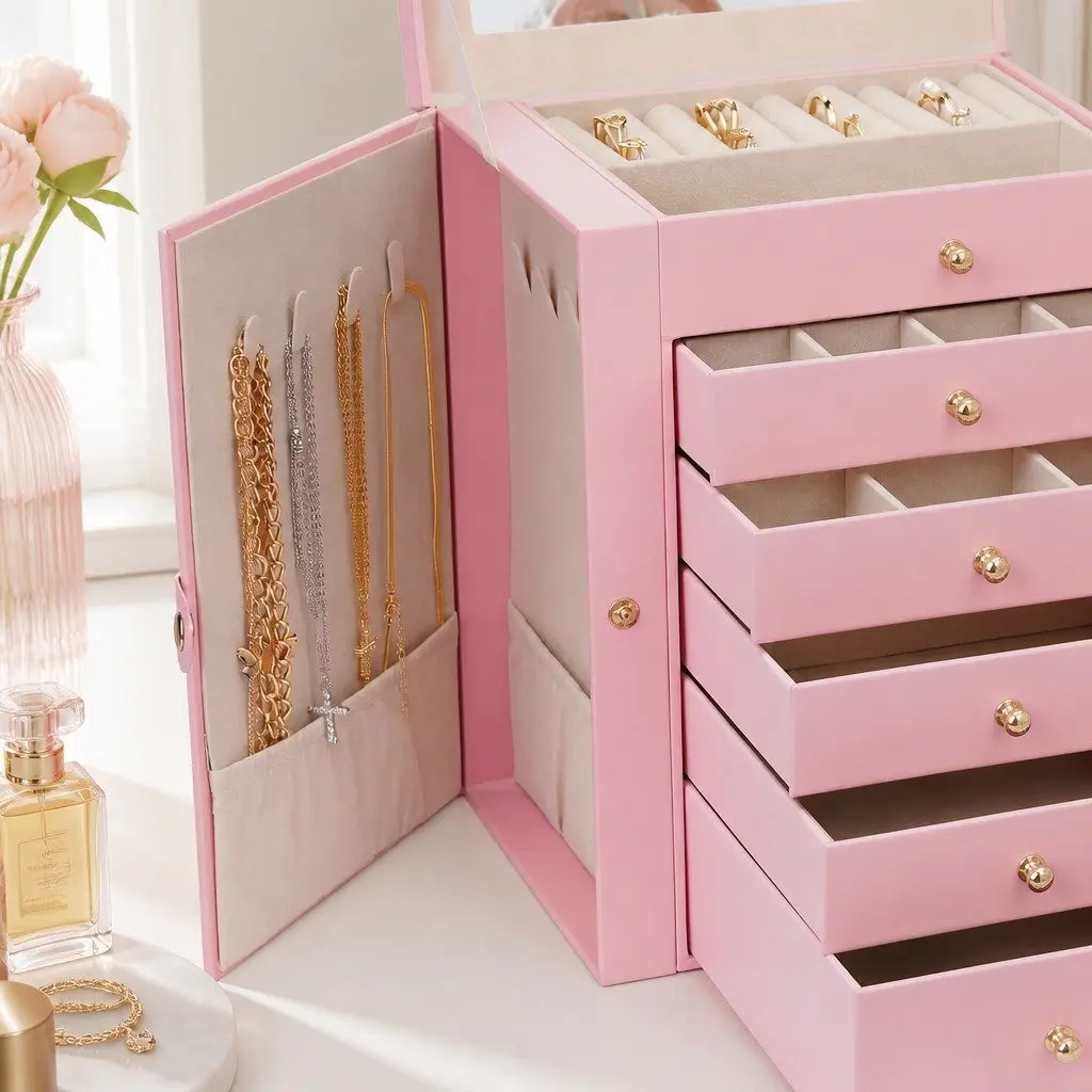 Jewelry Box Large 6-Layer with Drawers Mirror Lock Necklace Hooks Side