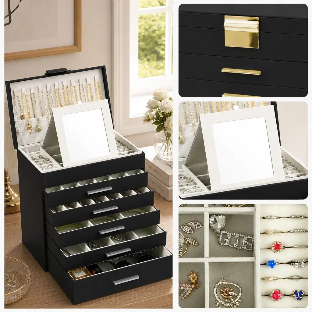 Jewelry Organizer Box 6-Layer Large Storage Case with Mirror and Hooks