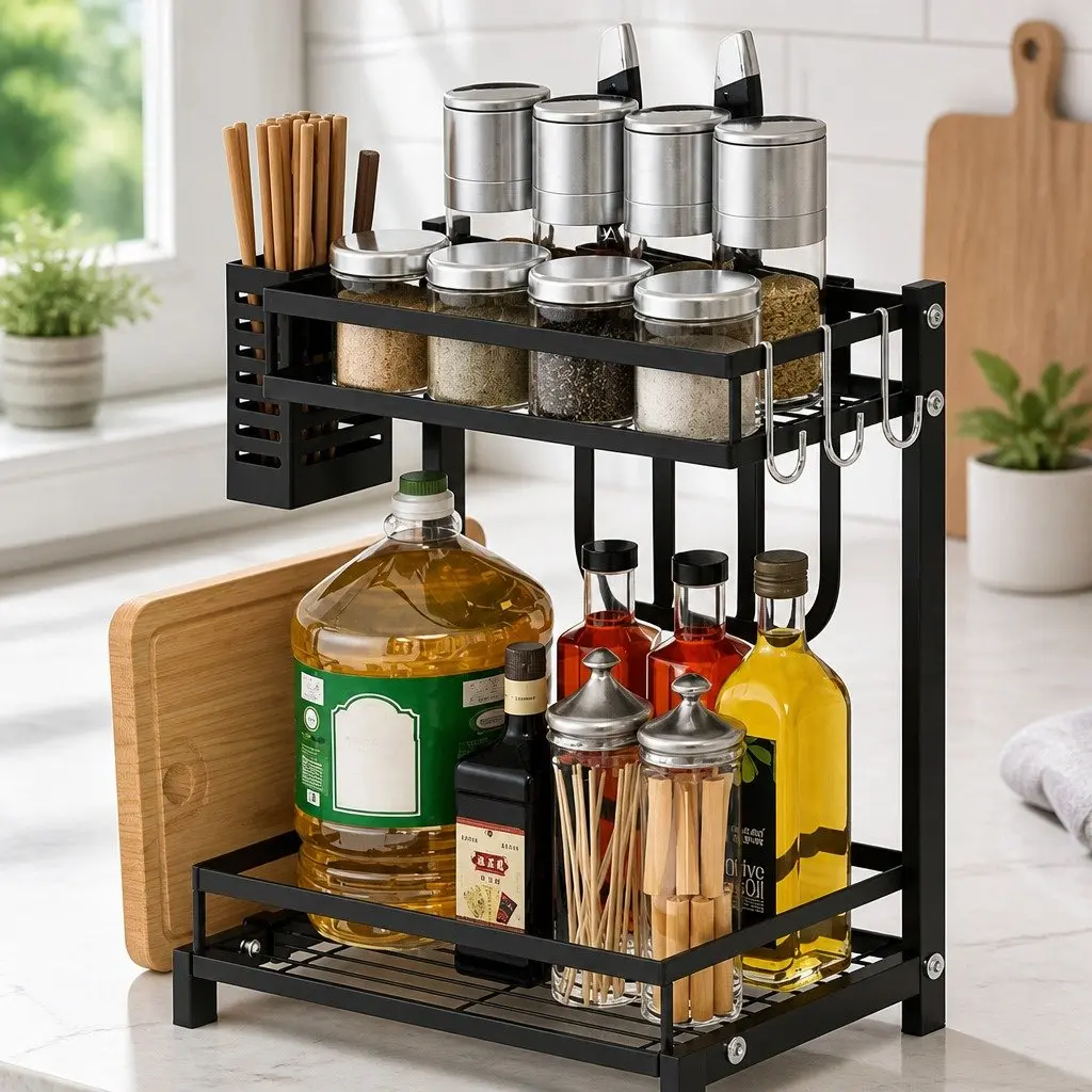 2-Tier Kitchen Spice Rack Organizer Vertical Storage Shelf Black Rust-Resistant