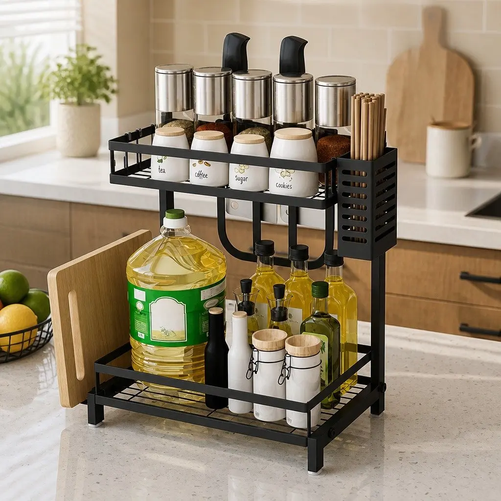 2-Tier Kitchen Spice Rack Organizer Vertical Storage Shelf Black Rust-Resistant