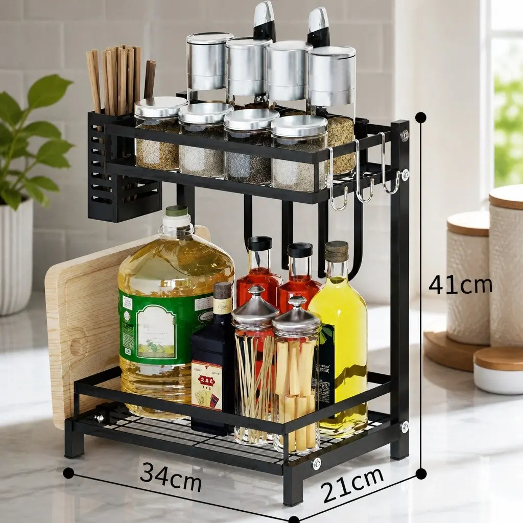 2-Tier Kitchen Spice Rack Organizer Vertical Storage Shelf Black Rust-Resistant