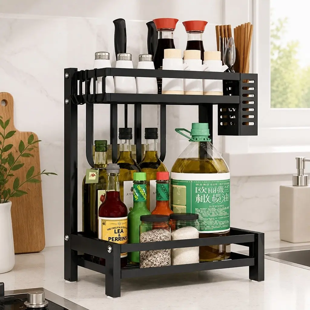 2-Tier Kitchen Spice Rack Organizer Vertical Storage Shelf Black Rust-Resistant
