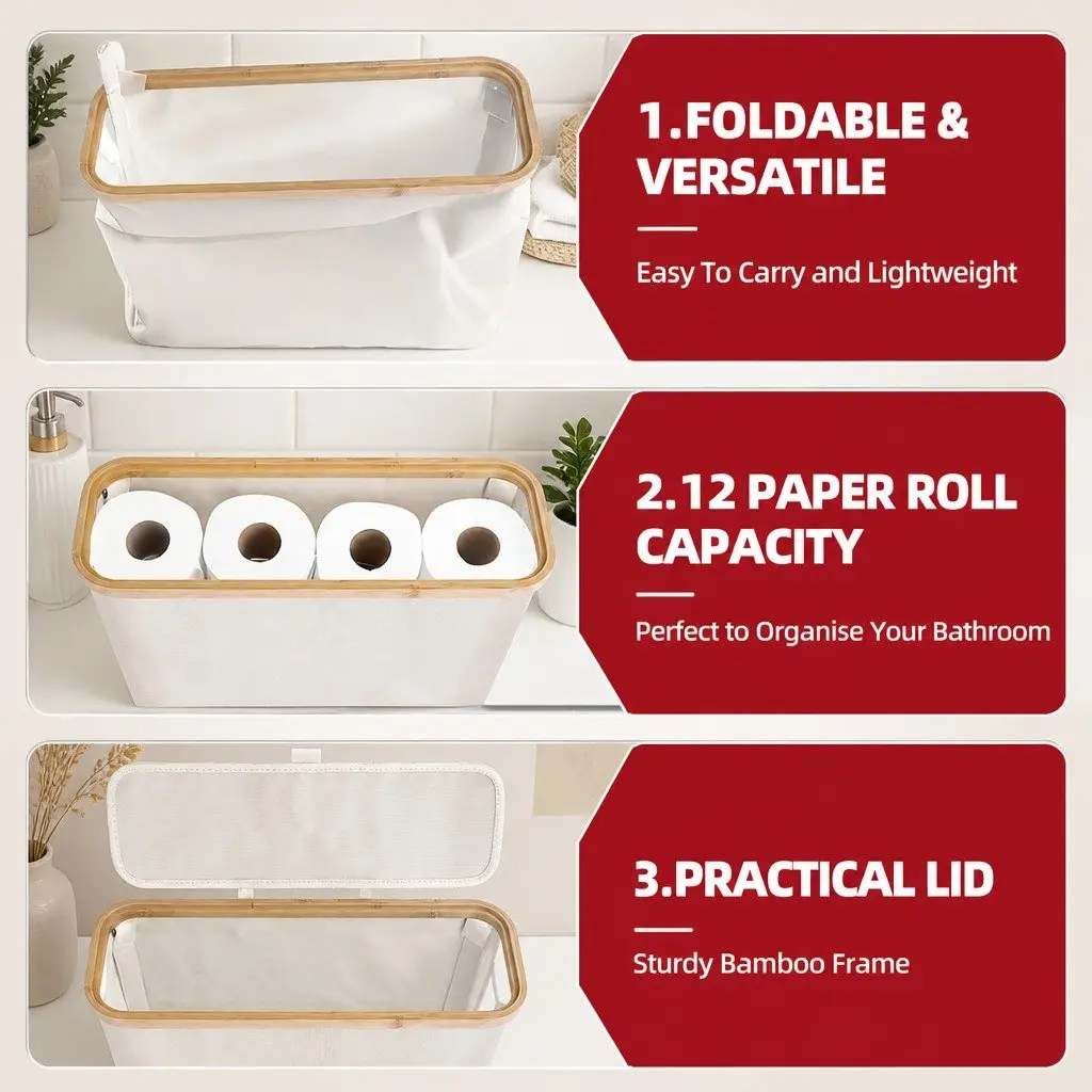 Toilet Paper Storage Basket 2 Pack Holds 12 Rolls Bamboo Lid Handle Bathroom