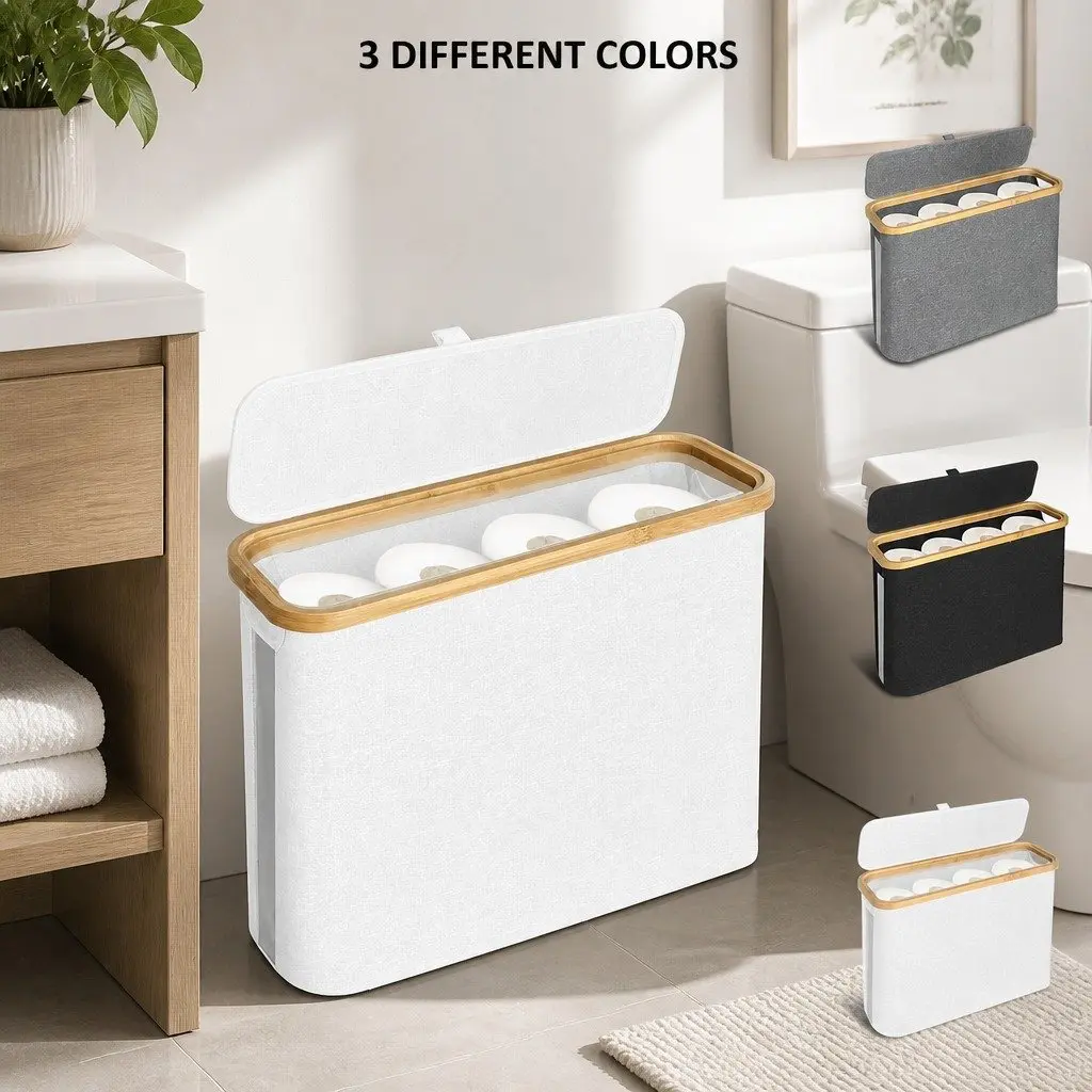 Toilet Paper Storage Basket 2 Pack Holds 12 Rolls Bamboo Lid Handle Bathroom