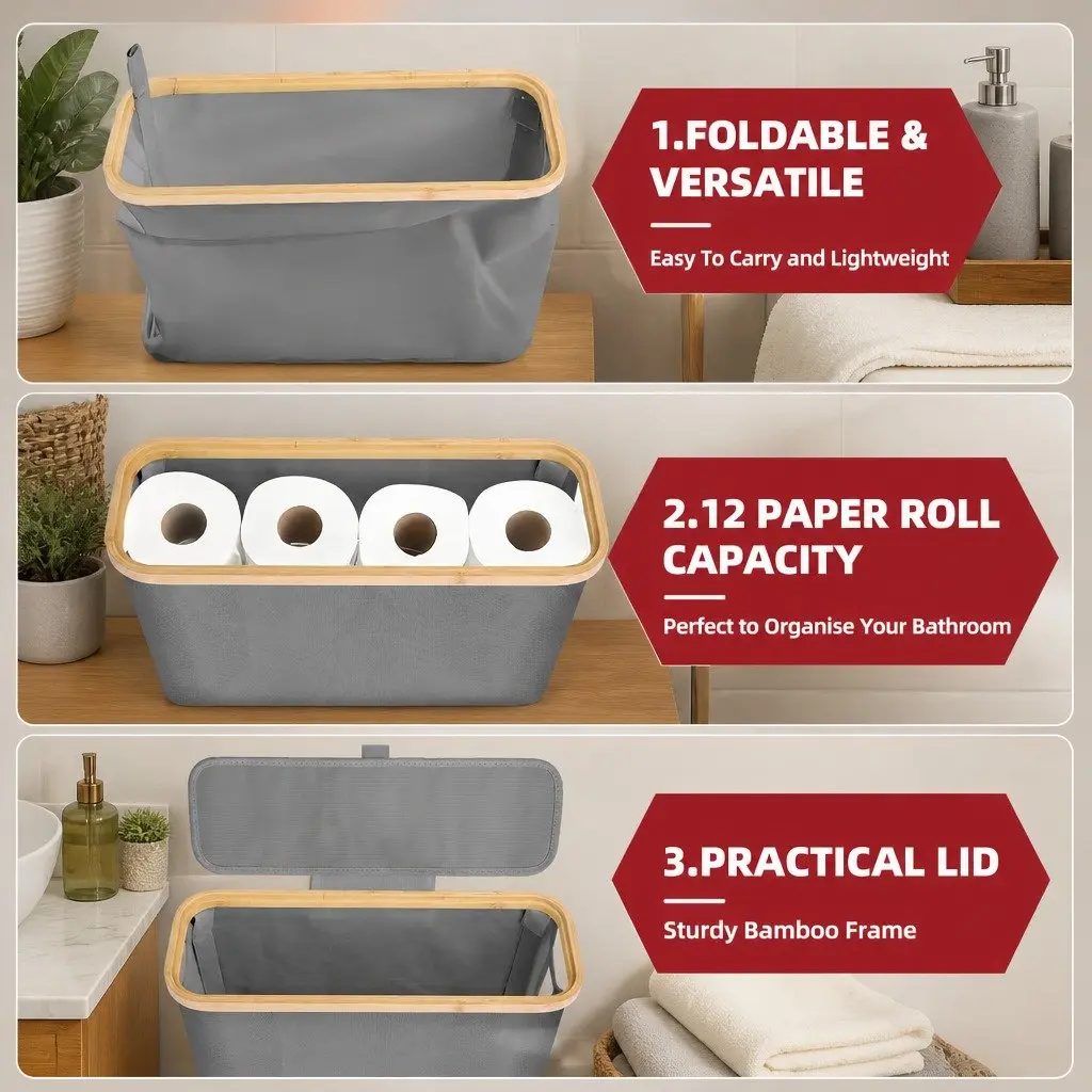 Toilet Paper Storage Basket 2 Pack Holds 12 Rolls Bamboo Lid Handle RV Closet