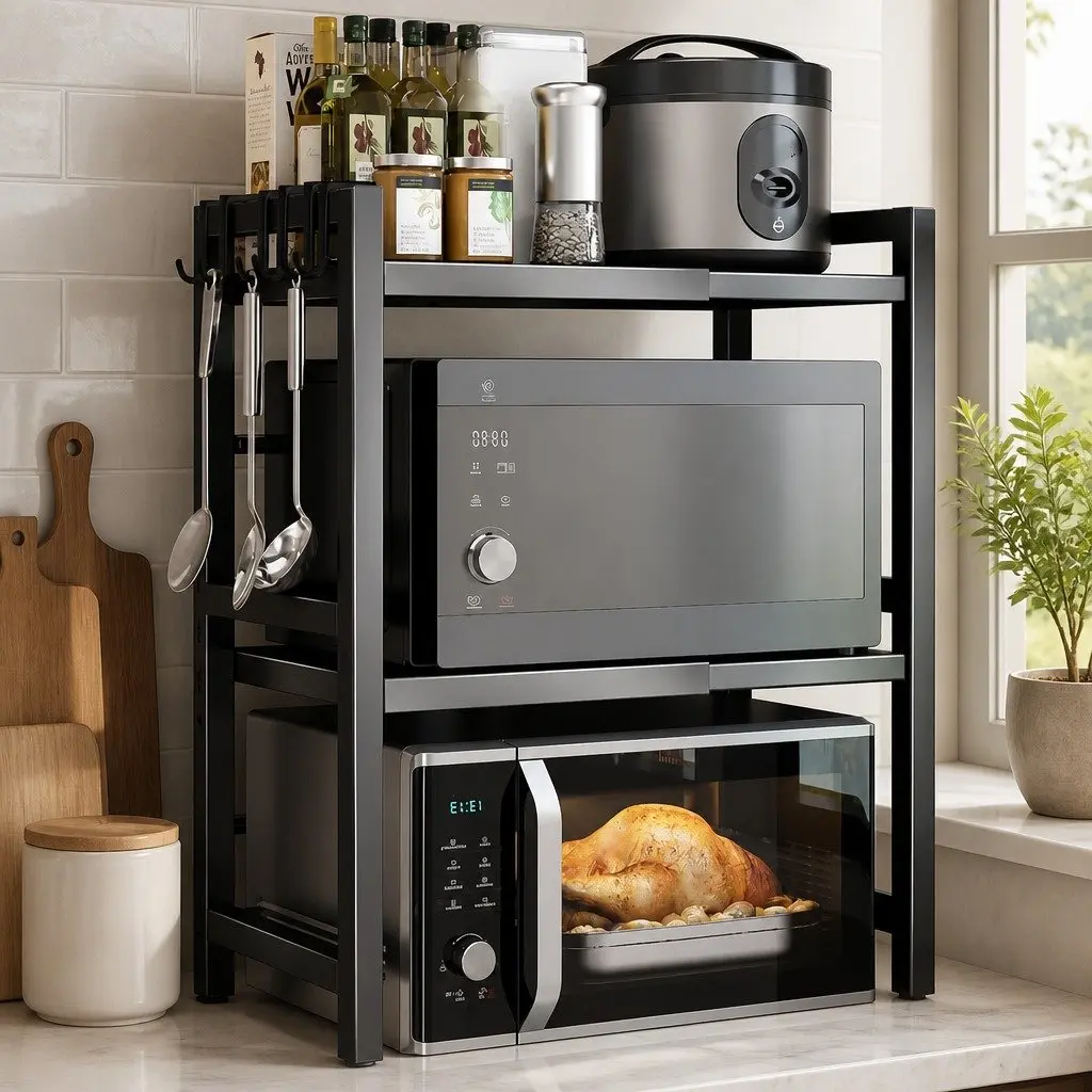 3-Tier Microwave Oven Rack Adjustable Metal Kitchen Shelf Stand Countertop