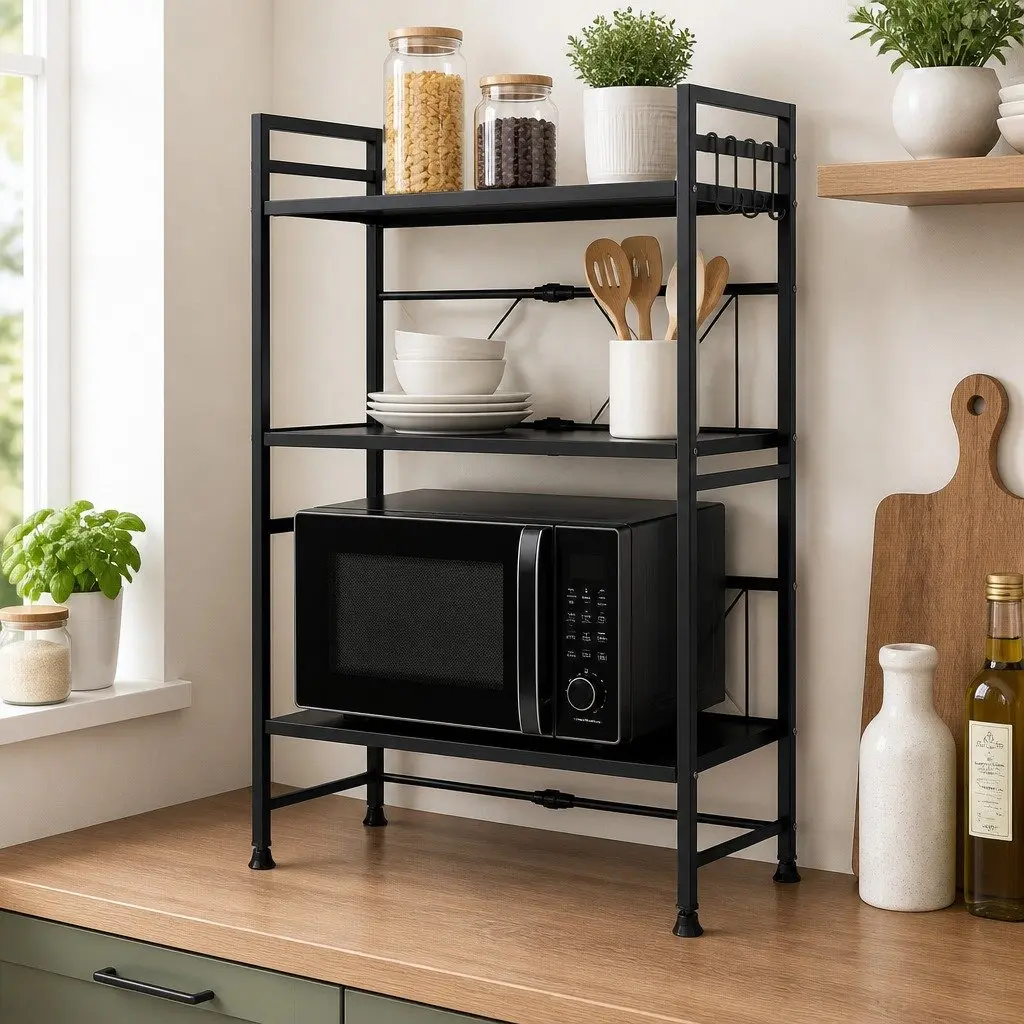 3 Tier Adjustable Metal Kitchen Shelf Stand for Microwave Oven Compact Countertop Organizer