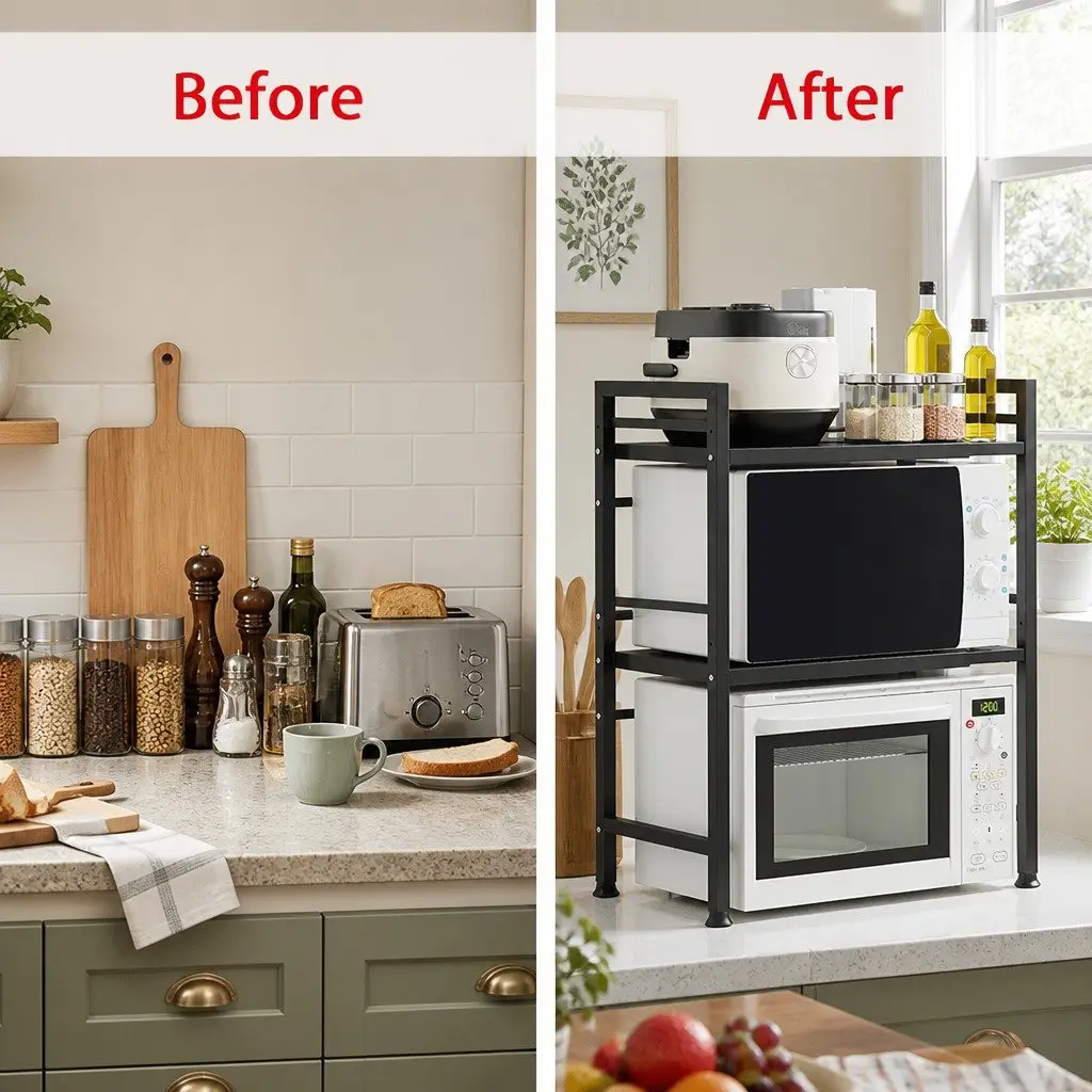 3 Tier Adjustable Metal Kitchen Shelf Stand for Microwave Oven Compact Countertop Organizer