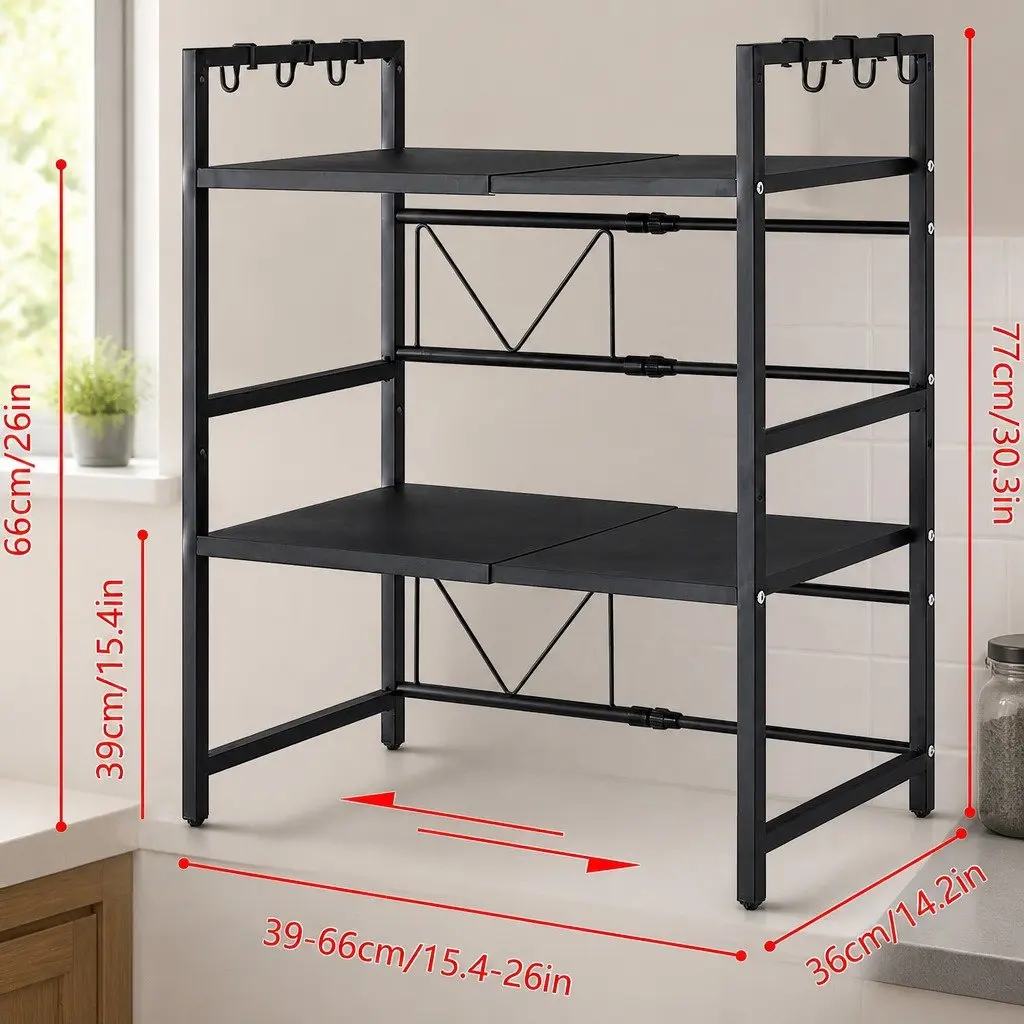 3 Tier Adjustable Metal Kitchen Shelf Stand for Microwave Oven Compact Countertop Organizer