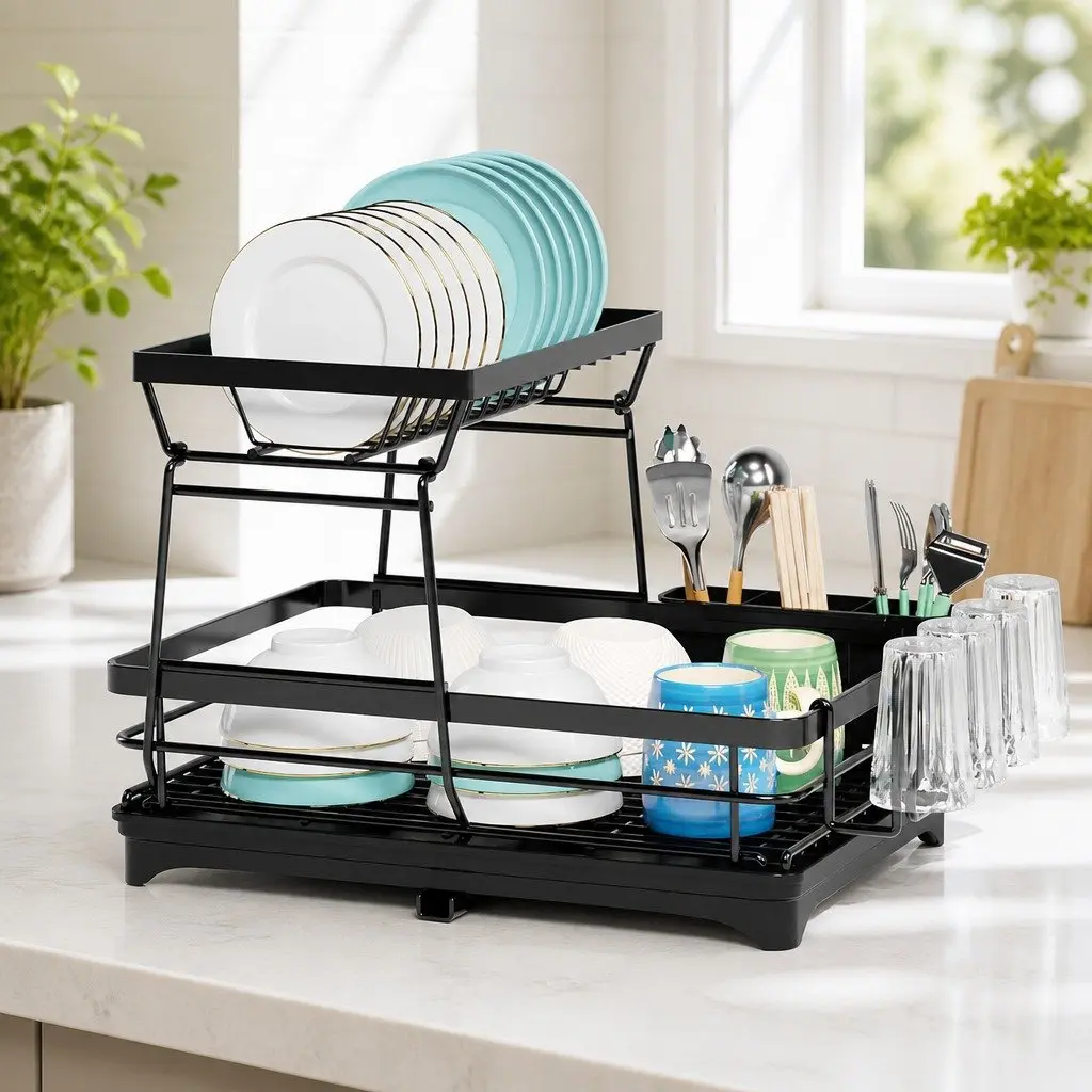 2-Tier Dish Drying Rack Kitchen Counter Drainboard Utensil Holder Cup Organizer