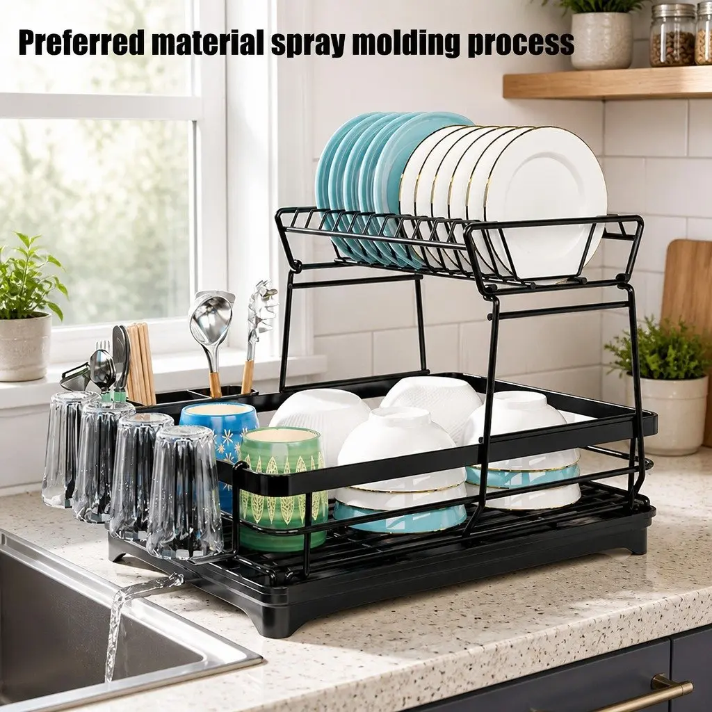 2-Tier Dish Drying Rack Kitchen Counter Drainboard Utensil Holder Cup Organizer