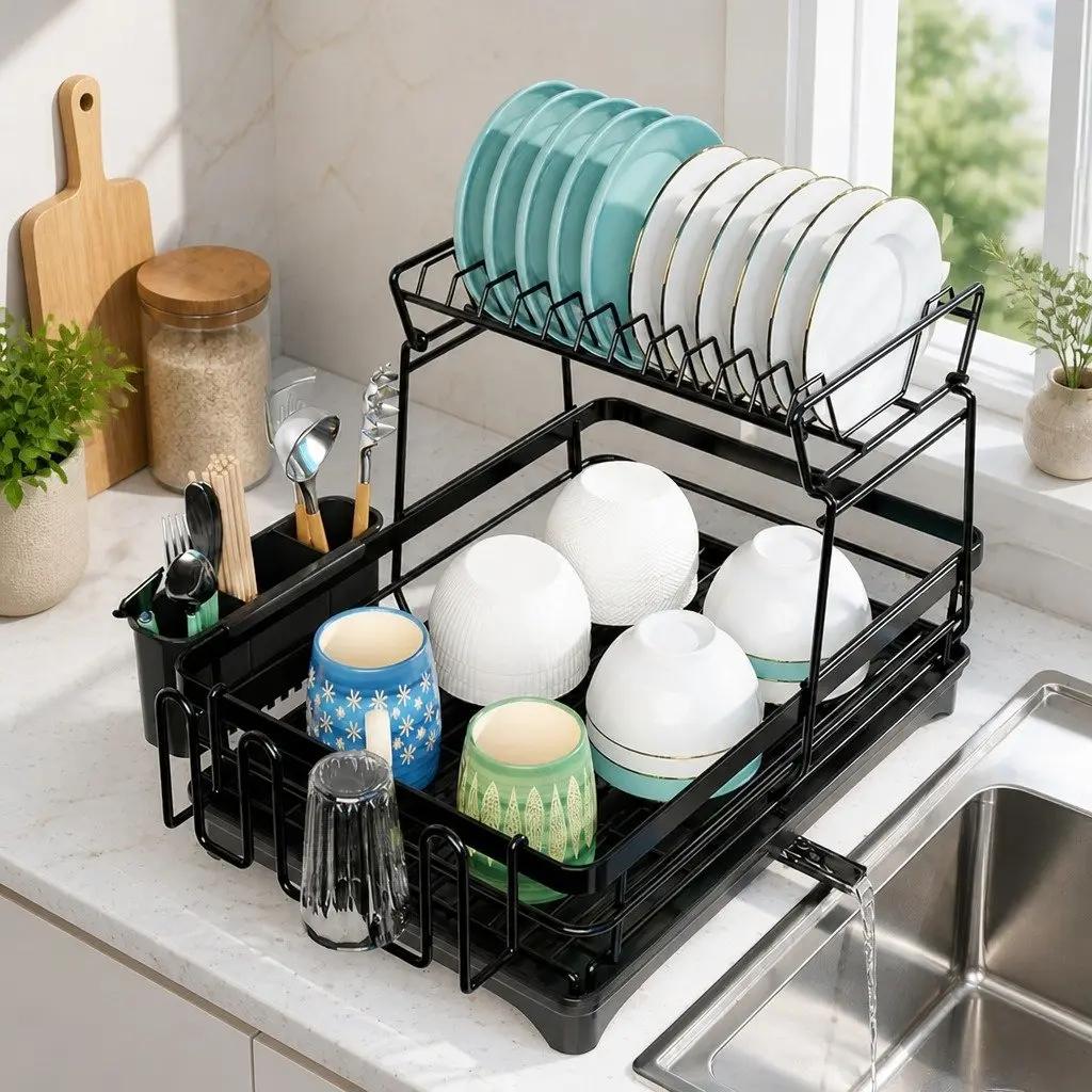 2-Tier Dish Drying Rack Kitchen Counter Drainboard Utensil Holder Cup Organizer