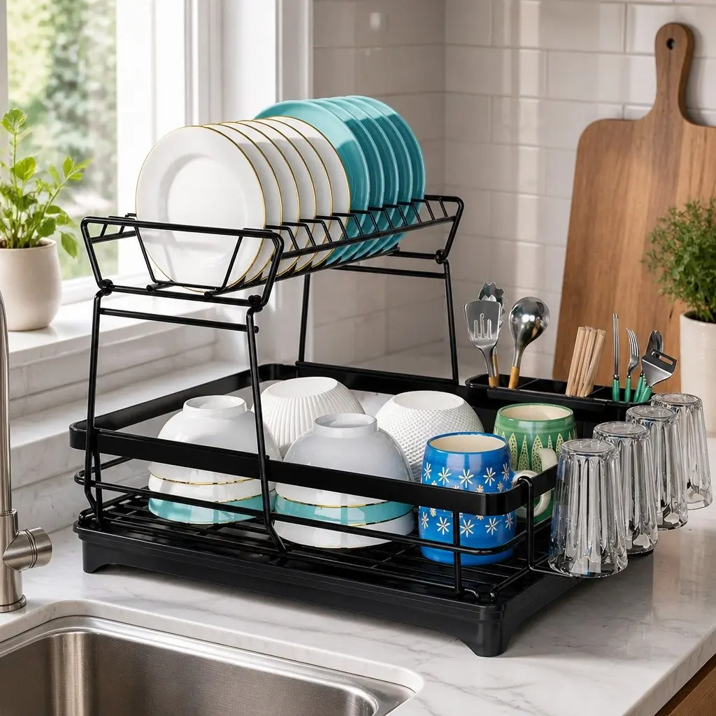 2-Tier Dish Drying Rack Kitchen Counter Drainboard Utensil Holder Cup Organizer