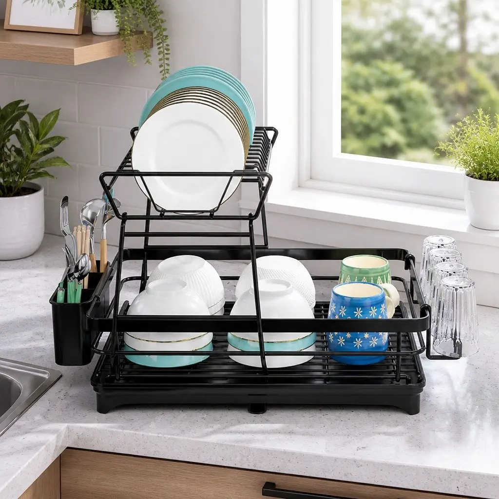 2-Tier Dish Drying Rack Kitchen Counter Drainboard Utensil Holder Cup Organizer