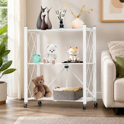 3-Tier Foldable Storage Shelf with Lockable Wheels for Kitchen Garage Pantry
