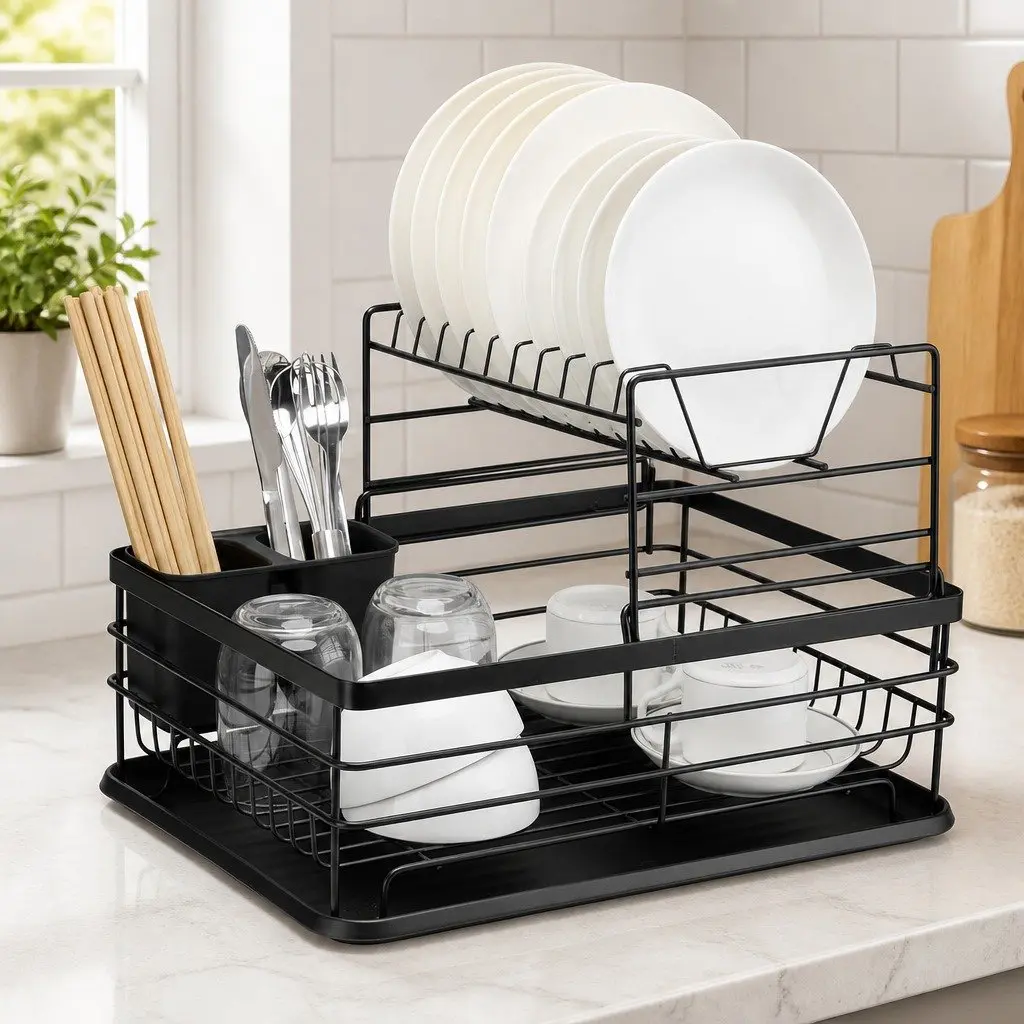Dish Drying Rack 2-Tier Removable Drip Tray Black