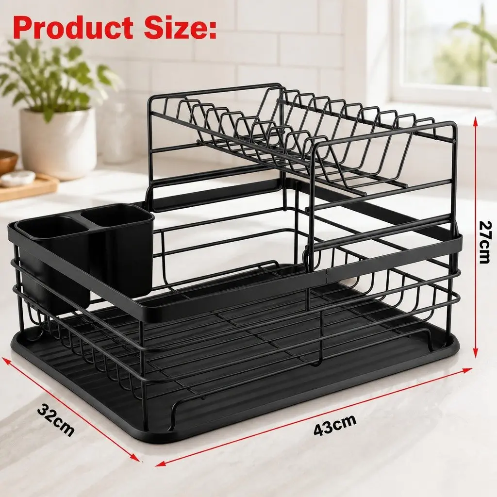 Dish Drying Rack 2-Tier Removable Drip Tray Black