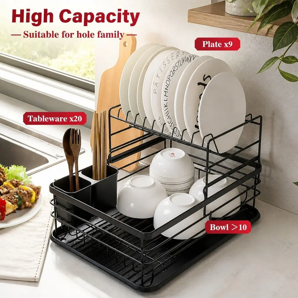 Dish Drying Rack 2-Tier Removable Drip Tray Black
