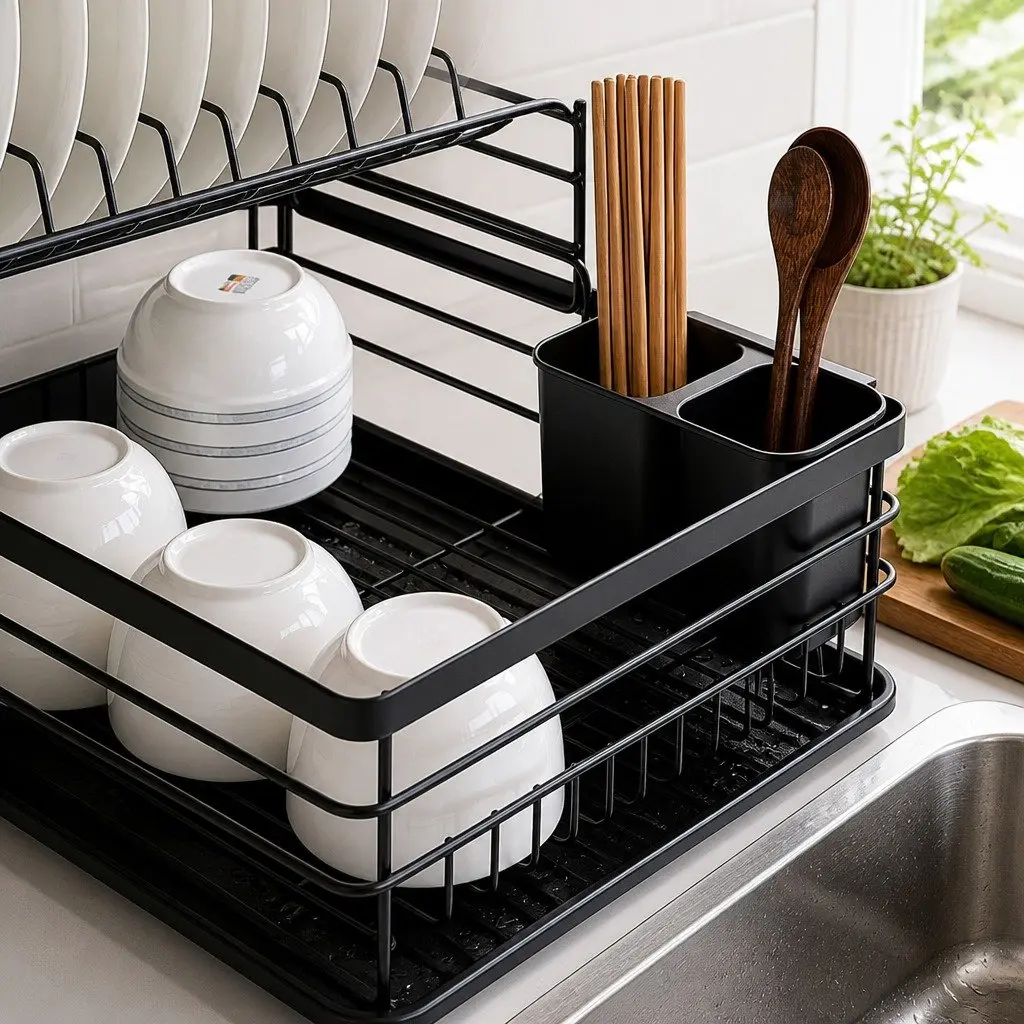 Dish Drying Rack 2-Tier Removable Drip Tray Black