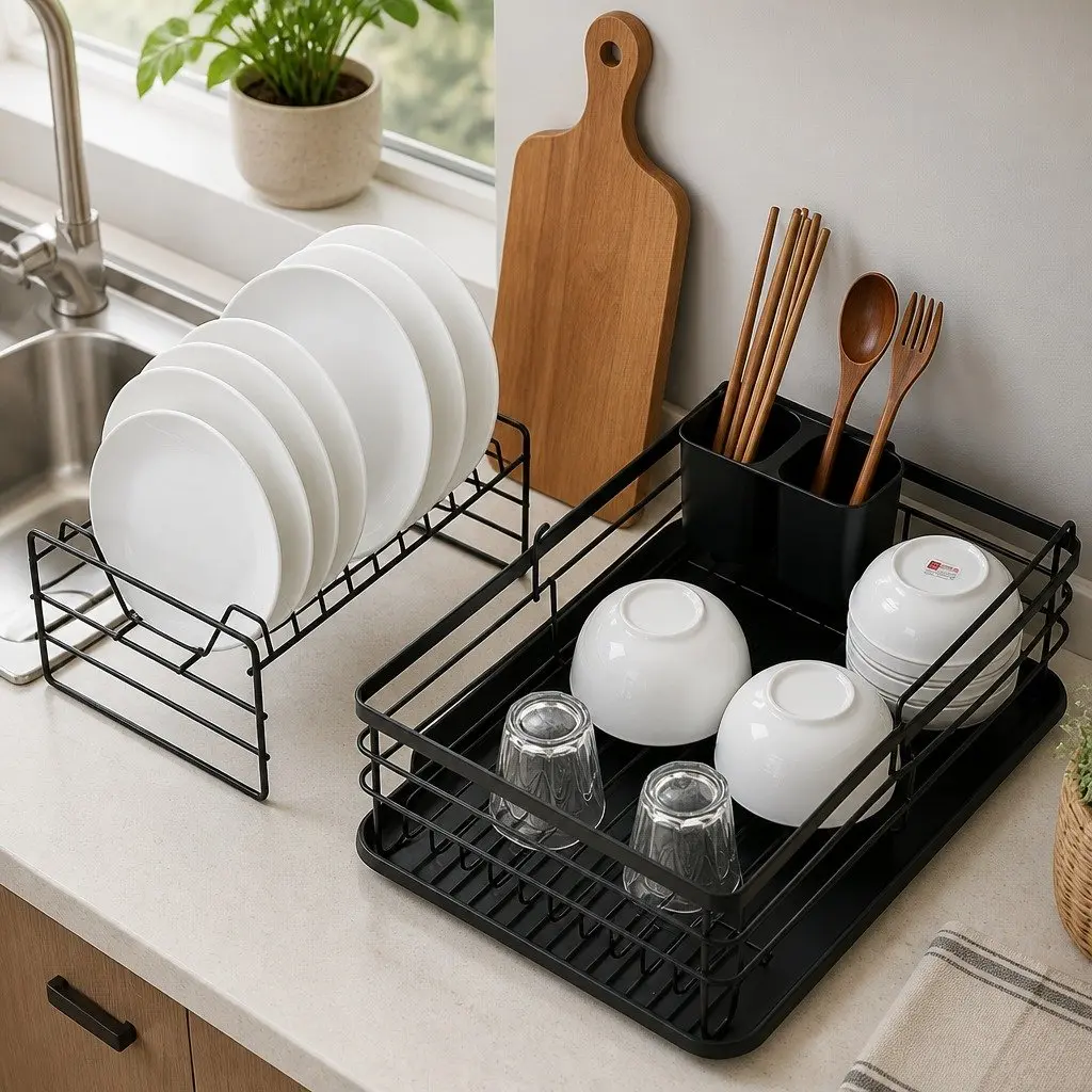 Dish Drying Rack 2-Tier Removable Drip Tray Black