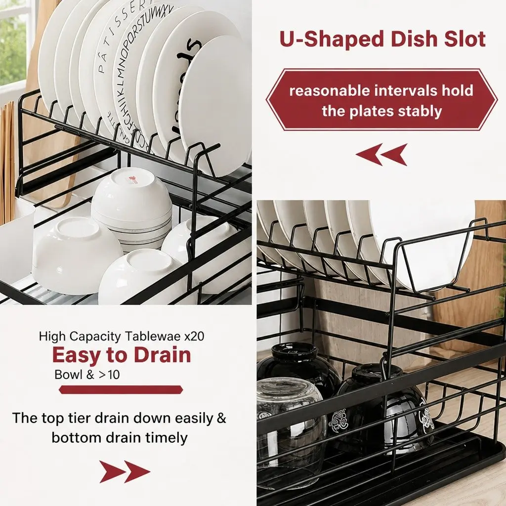 Dish Drying Rack 2-Tier Removable Drip Tray Black