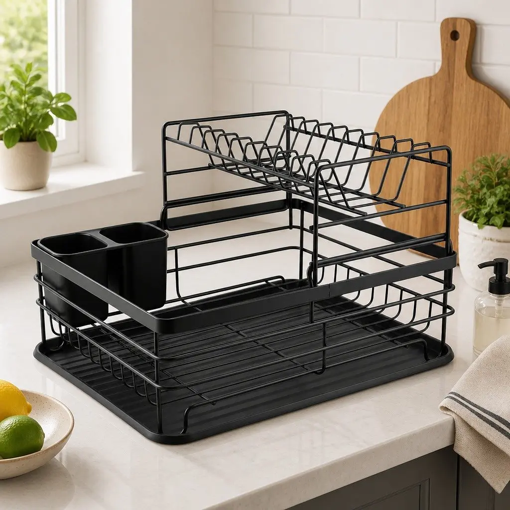 Dish Drying Rack 2-Tier Removable Drip Tray Black
