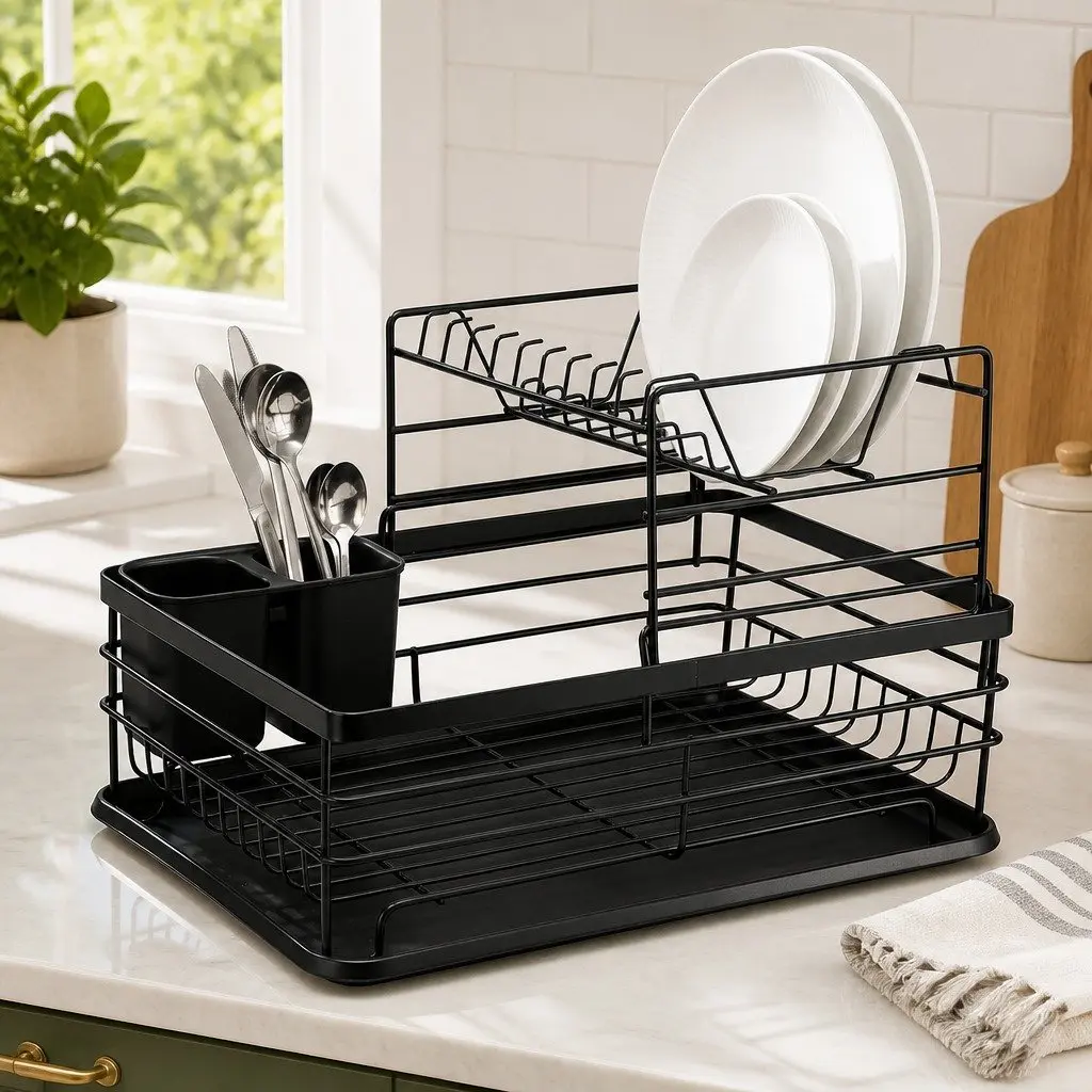 Dish Drying Rack 2-Tier Removable Drip Tray Black