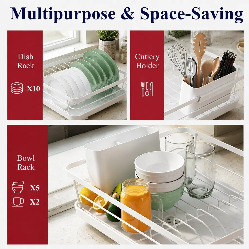 Dish Drying Rack Two-Level Organizer Removable Drip Tray 38 x 13 x 29 cm