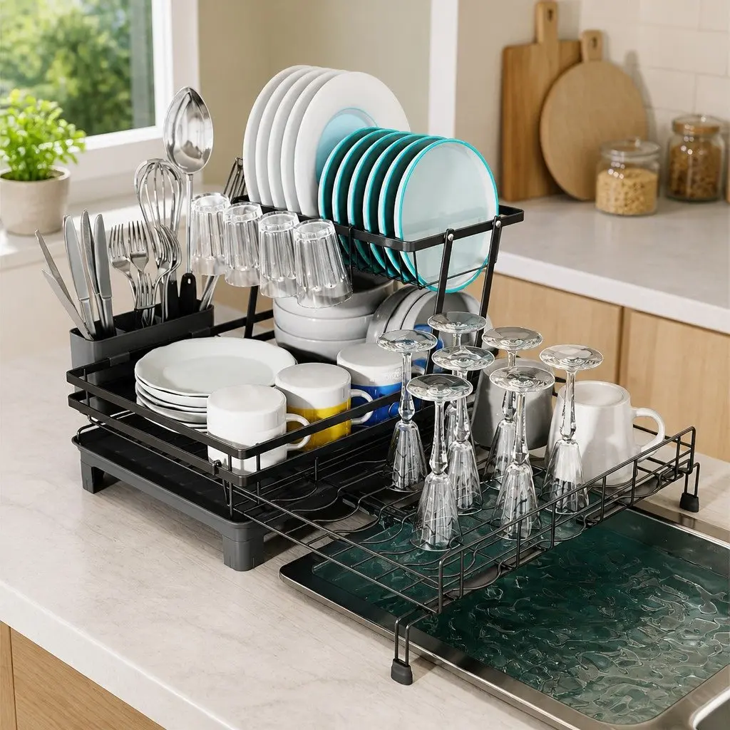 Expandable 2-Tier Dish Drying Rack Over Sink Kitchen Countertop Organizer