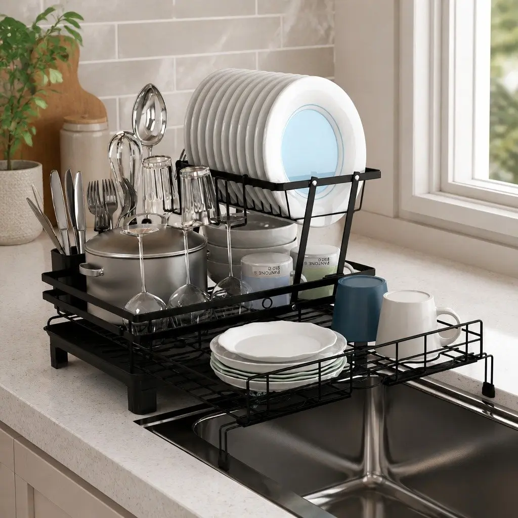 Expandable 2-Tier Dish Drying Rack Over Sink Kitchen Countertop Organizer