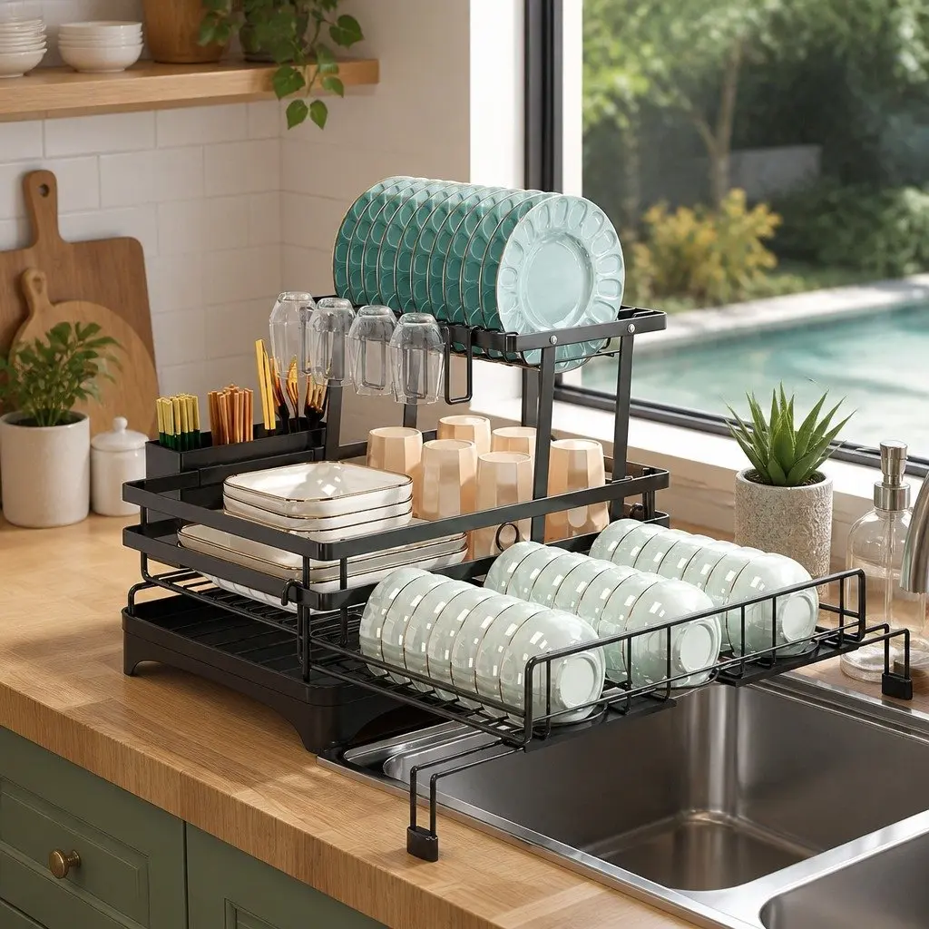 Expandable 2-Tier Dish Drying Rack Over Sink Kitchen Countertop Organizer