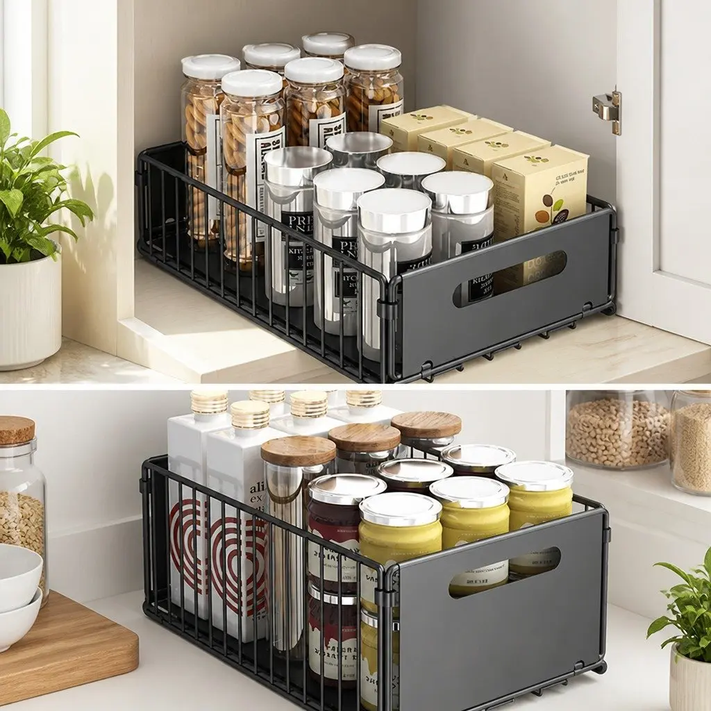 Pull Out Cabinet Kitchen Organizer Drawers 2 Pack Adhesive Pantry Storage