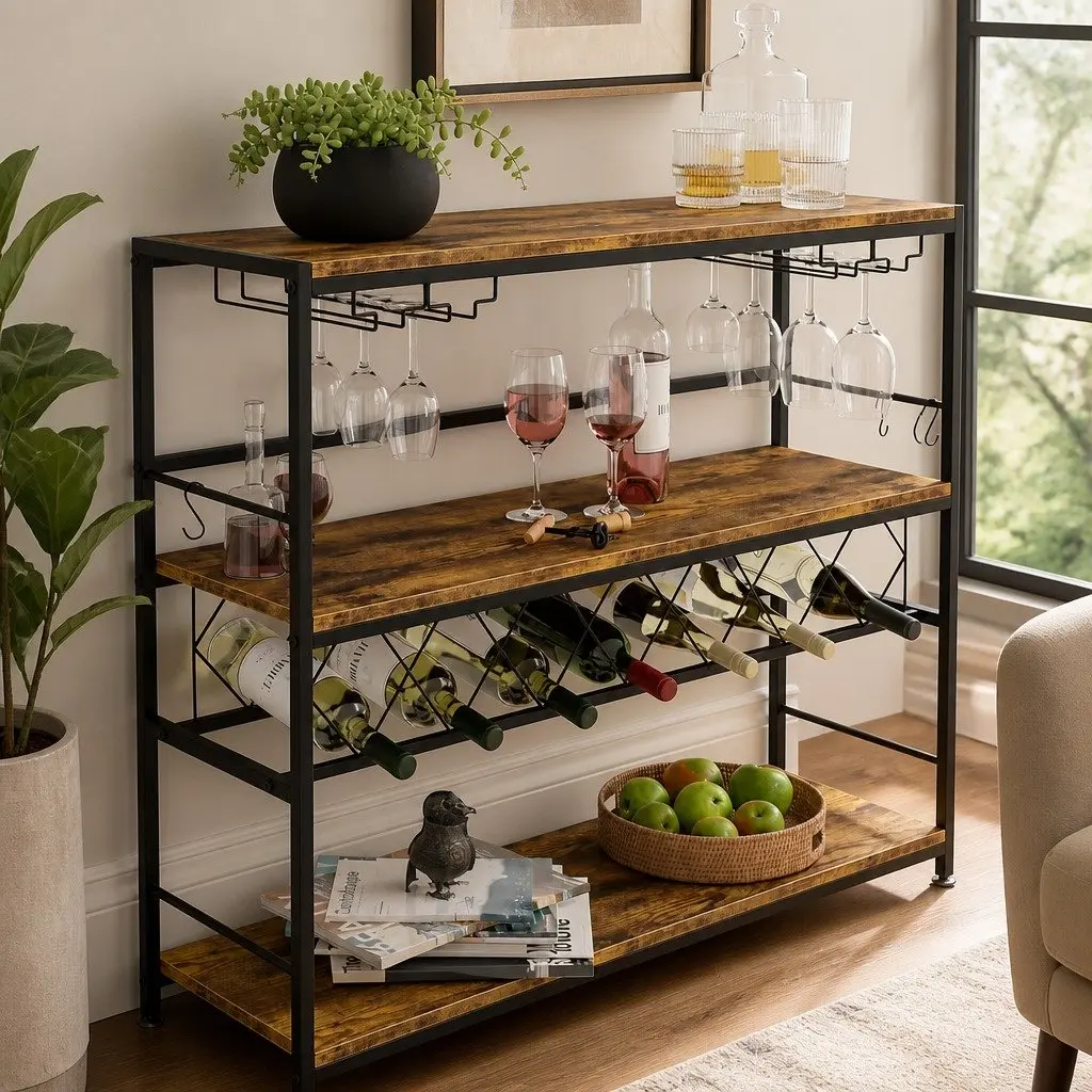 Large Wine Rack with Wood Countertop and Glass Storage