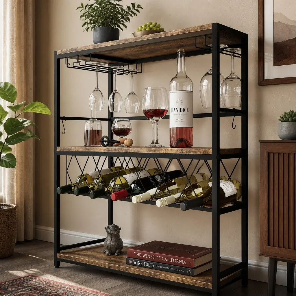 Wine Rack Metal Frame Wooden Countertop Large Storage for 20 Bottles and 10 Glasses