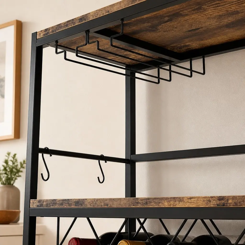Wine Rack Metal Frame Wooden Countertop Large Storage for 20 Bottles and 10 Glasses