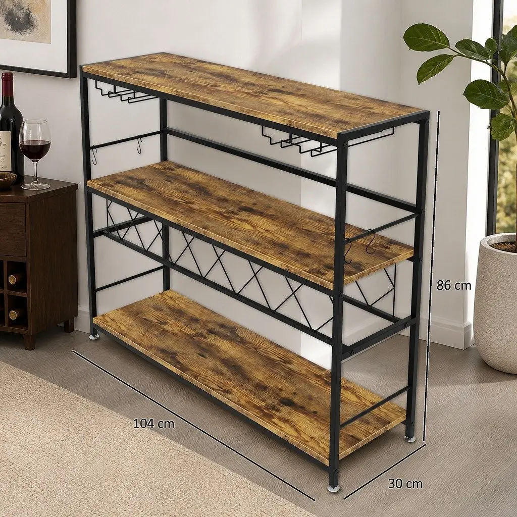 Wine Rack Metal Frame Wooden Countertop Large Storage for 20 Bottles and 10 Glasses