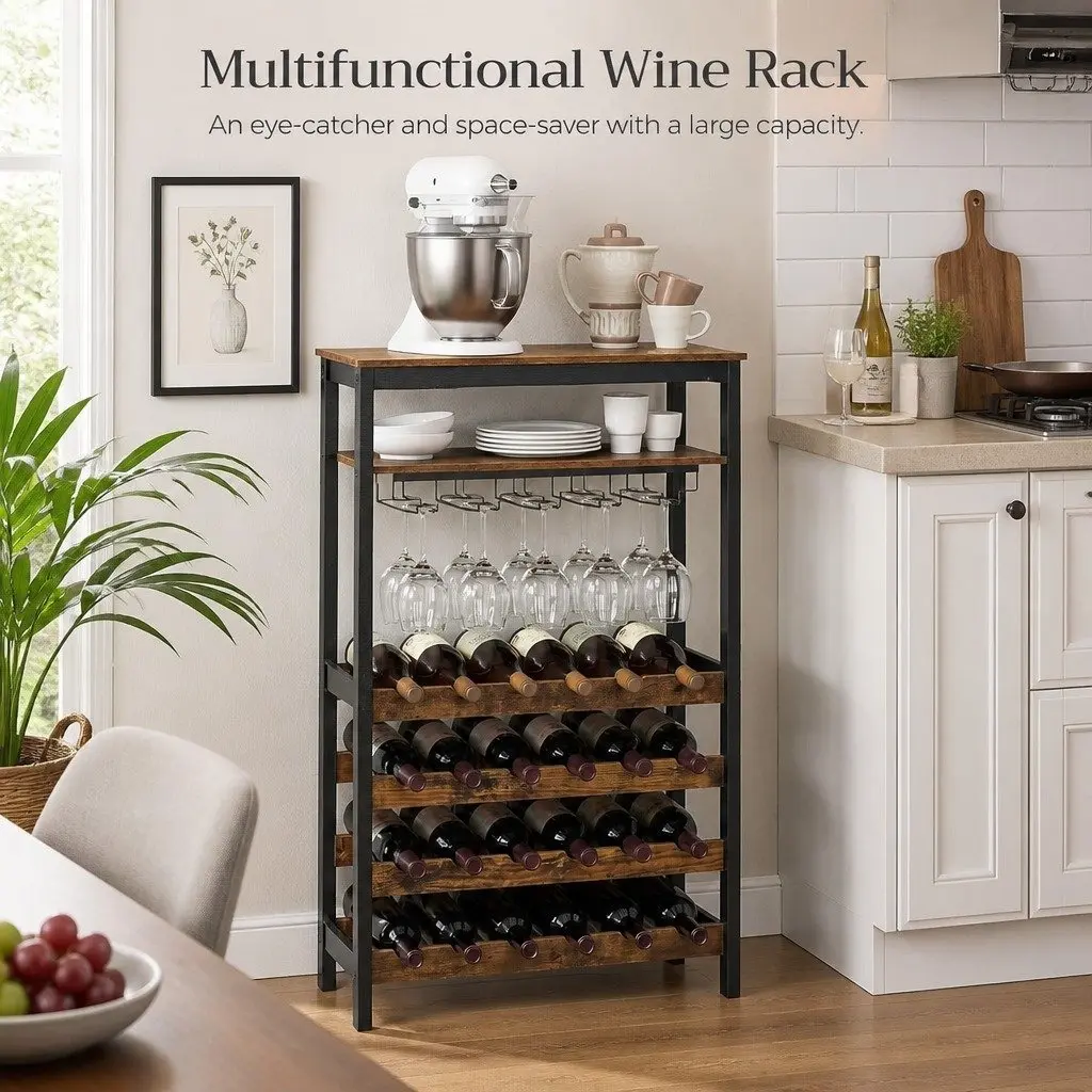 Wine Rack Metal Frame Wooden Countertop 24 Bottles 10 Glasses