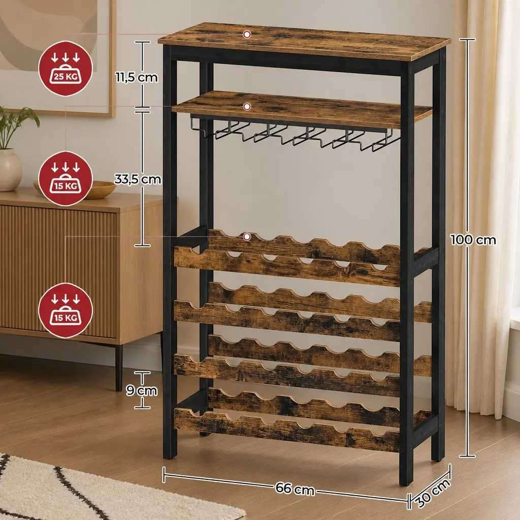 Wine Rack Metal Frame Wooden Countertop 24 Bottles 10 Glasses