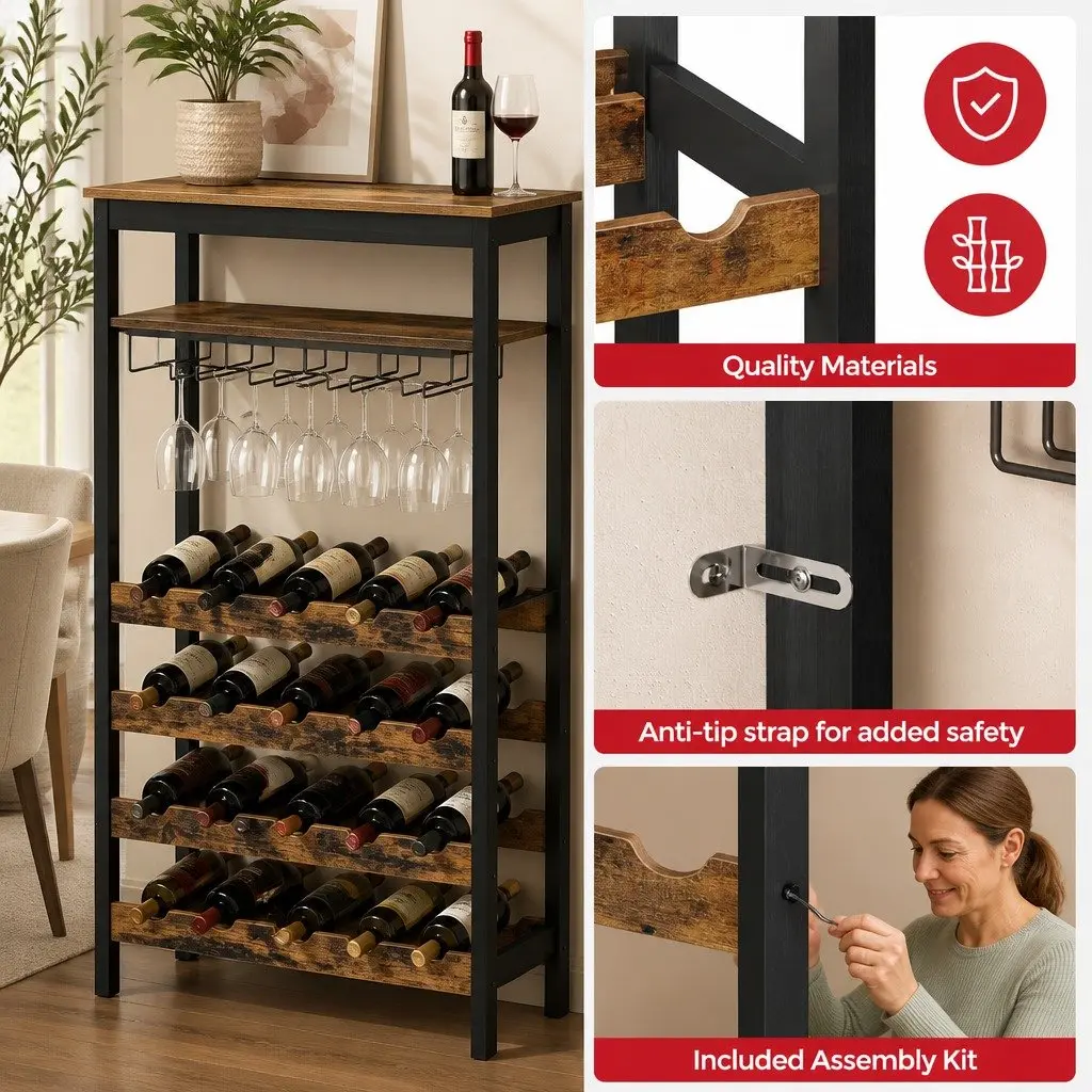 Wine Rack Metal Frame Wooden Countertop 24 Bottles 10 Glasses