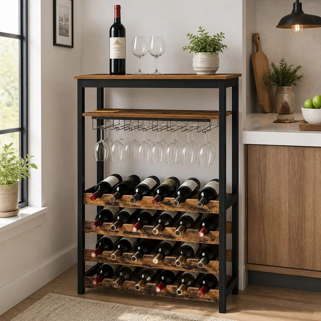 Wine Rack Metal Frame Wooden Countertop 24 Bottles 10 Glasses