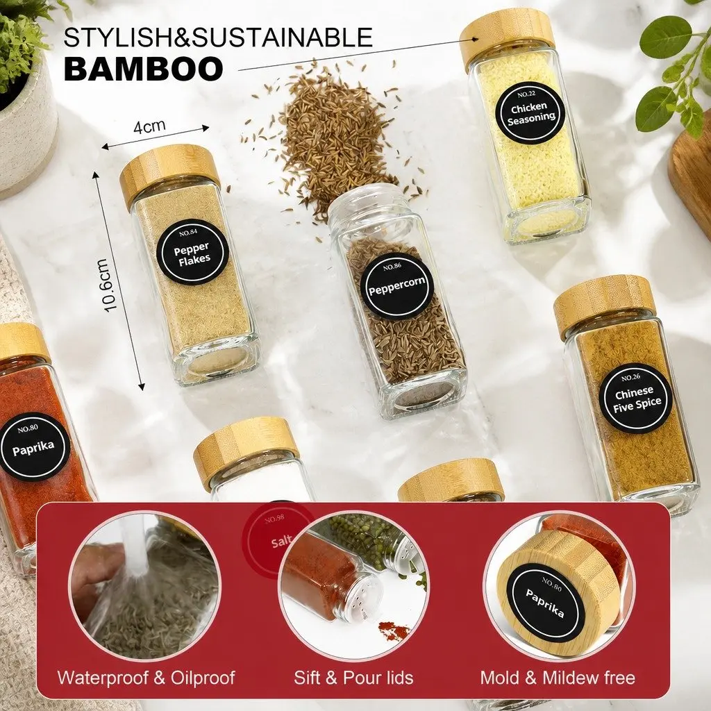 Glass Spice Jars 24pc Set Bamboo Lids Shaker Tops Labels Pen Funnel Kitchen