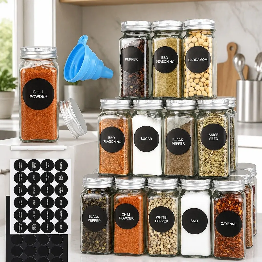 Glass Spice Jars 24 Pack Square with Shaker Lids Airtight Silicone Seals 5 x 5 x 10 cm