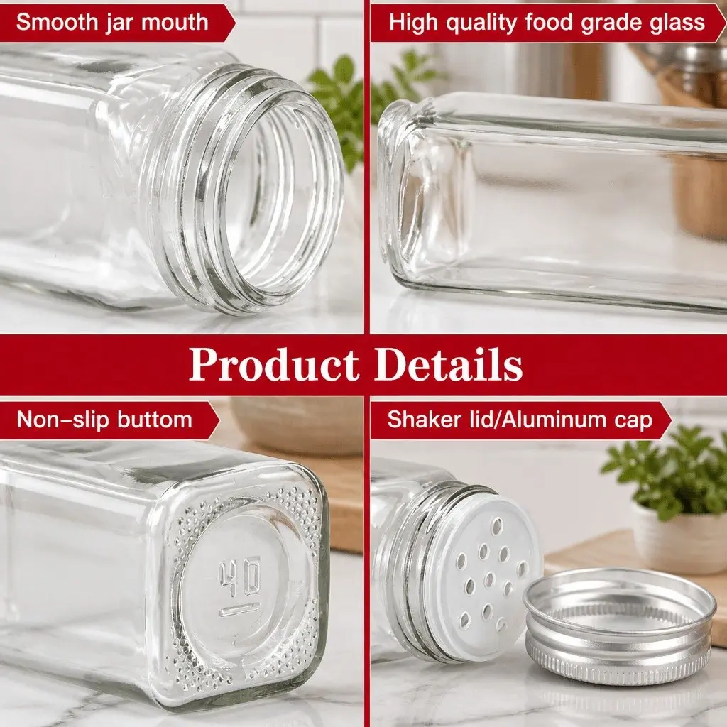 Glass Spice Jars 24 Pack Square with Shaker Lids Airtight Silicone Seals 5 x 5 x 10 cm